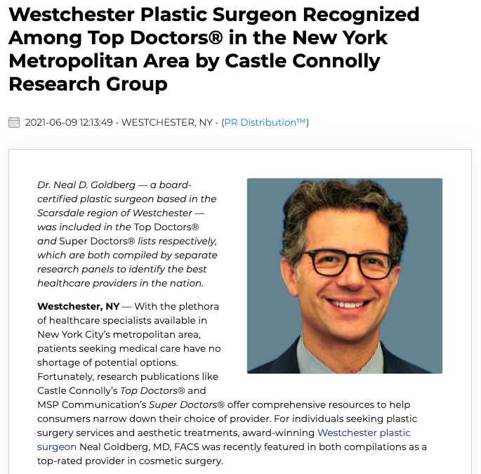 Westchester Plastic Surgeon Recognized Among Top Doctors® in the New York Metropolitan by Connolly Research Group | Neal D. Goldberg, MD, FACS